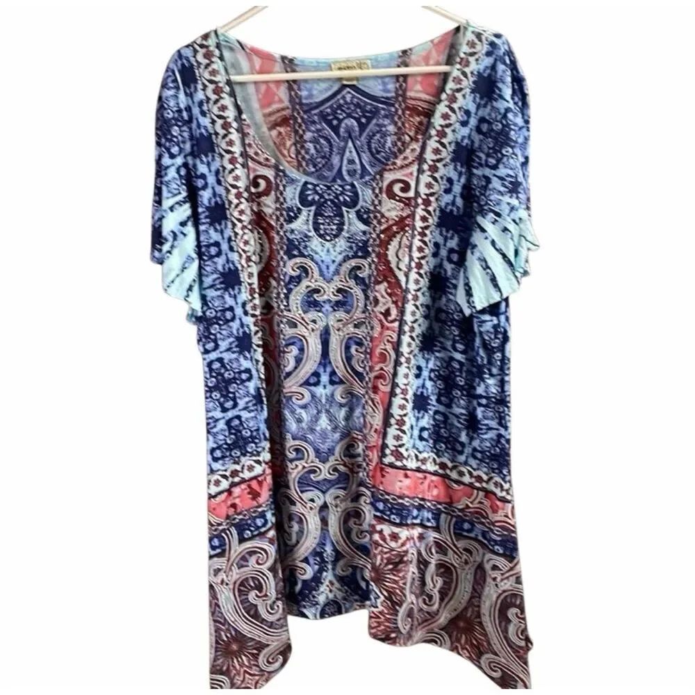 One World Women’s Paisley Medallion Kimono Sleeve Tunic Top Boho Chic Size 2X
